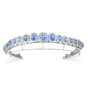 Sparking 99.18 Carat Diamond Blue Sapphire 44.631Gms 14Kt White Gold Princess Headband